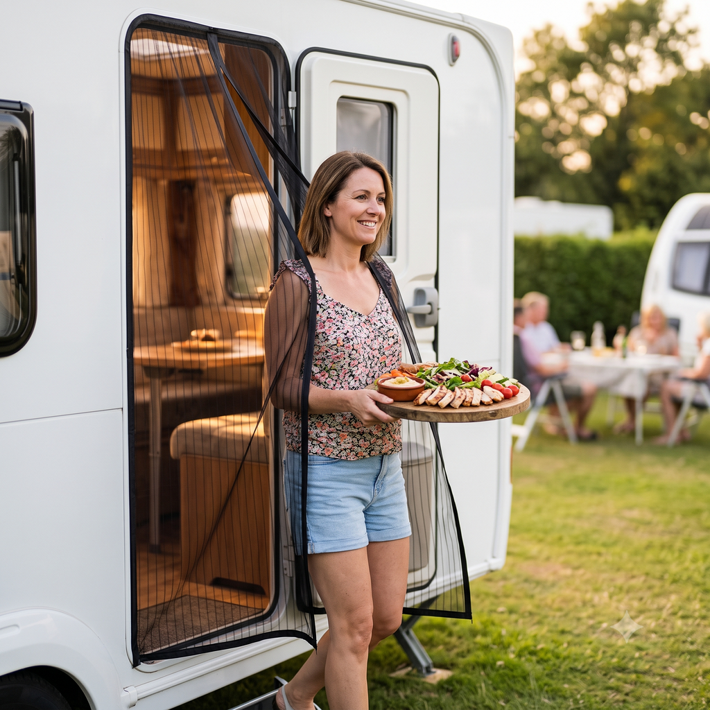 Woman stepping out through the magnetic fly screen of her caravan carrying a board of food