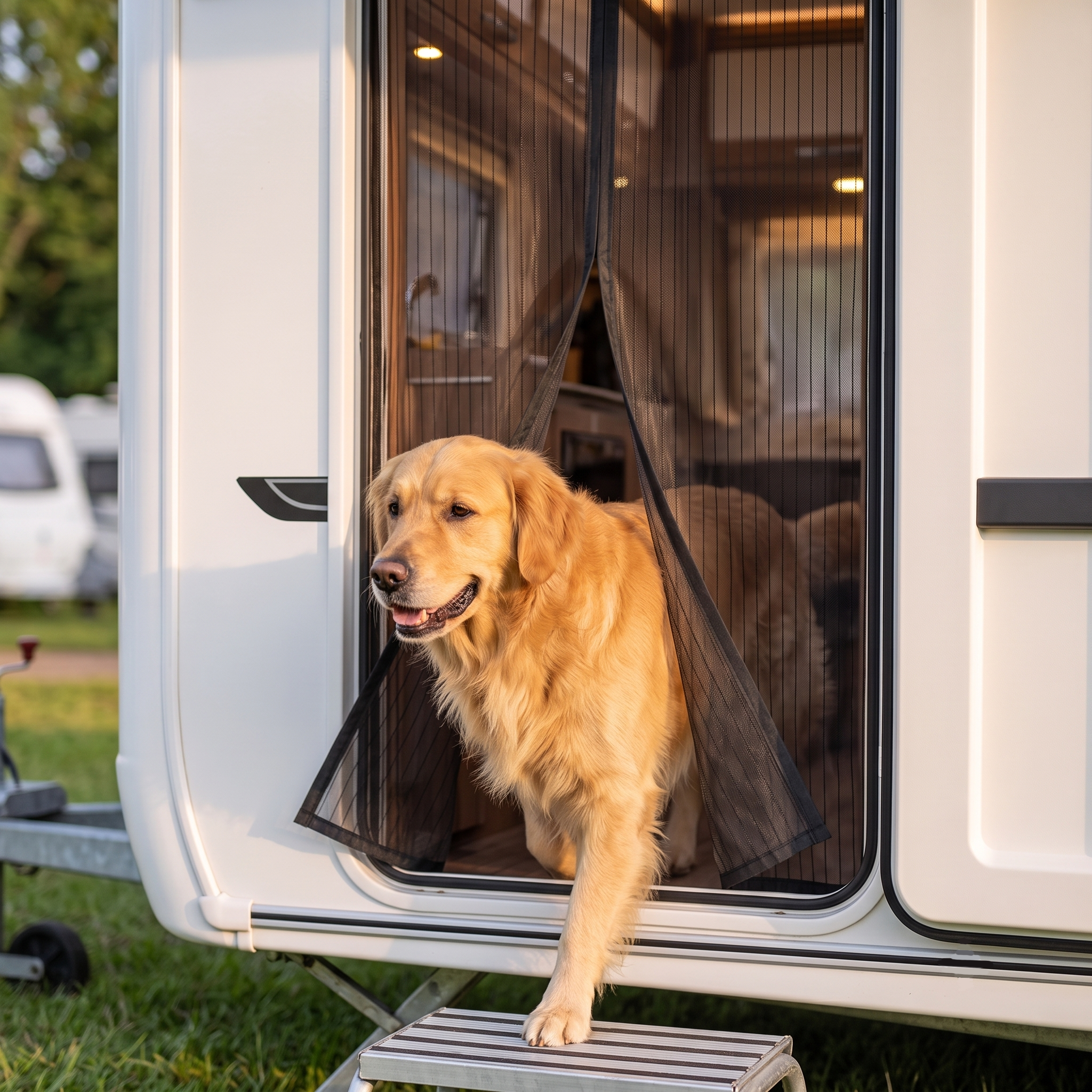Black magnetic fly screen fitted to a caravan doorway, semi-transparent mesh with magnetic centre seam