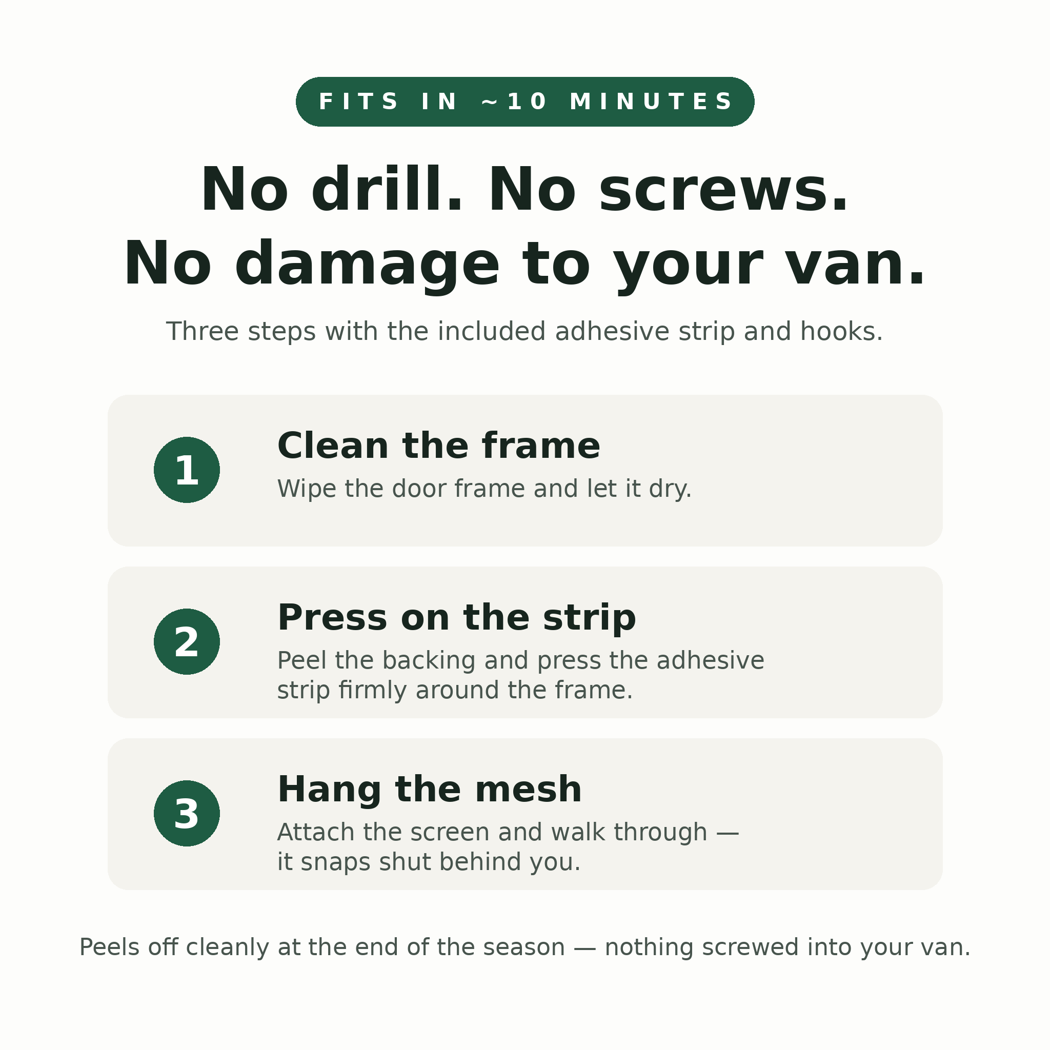Installation: no drill, no screws — clean the frame, press on the adhesive strip, hang the mesh